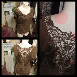 F21 | pretty brown soft cowl blouse crochet back
